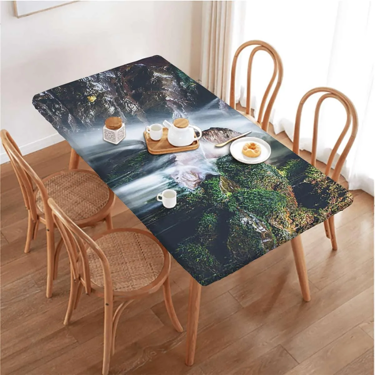 White Green Folding Table Cover Waterfall Down The Cliffs Deep in Forest Rectangle Table Cover for Outdoor Picnic Camping Parties Scenery Fits up 5 Foot Tables