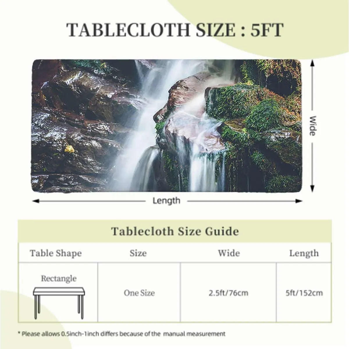 White Green Folding Table Cover Waterfall Down The Cliffs Deep in Forest Rectangle Table Cover for Outdoor Picnic Camping Parties Scenery Fits up 5 Foot Tables