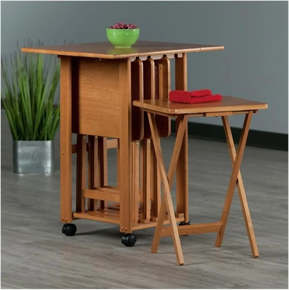 Winsome Sophia Snack Table Set with Drop Leaf Mobile Stand, for Living Room, Patio, Teak, Set of 4 Tables
