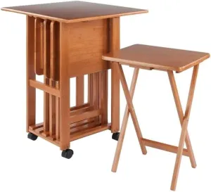 Winsome Sophia Snack Table Set with Drop Leaf Mobile Stand, for Living Room, Patio, Teak, Set of 4 Tables