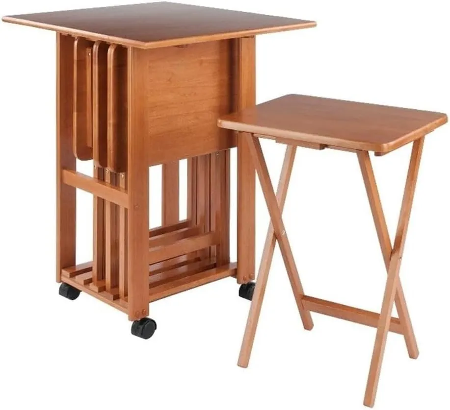 Winsome Sophia Snack Table Set with Drop Leaf Mobile Stand, for Living Room, Patio, Teak, Set of 4 Tables