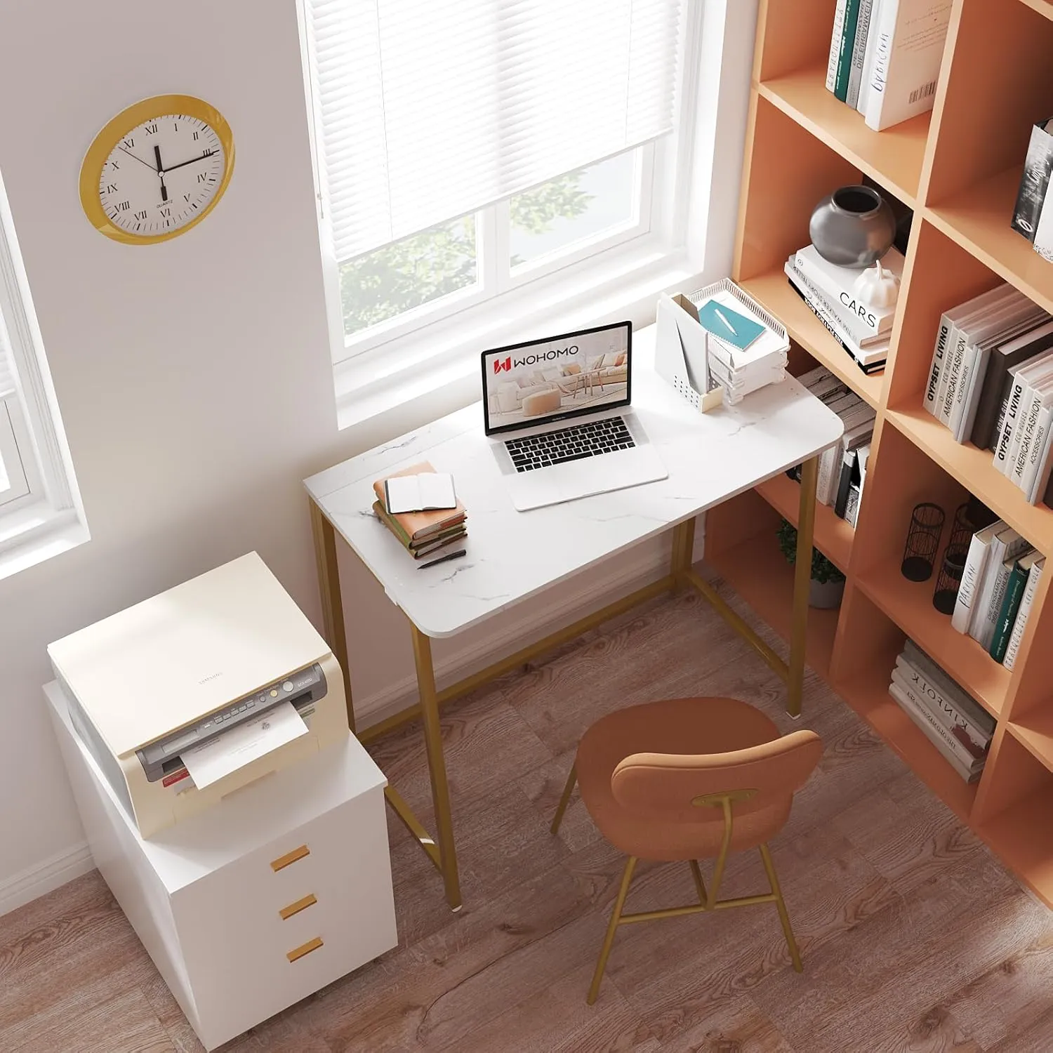 WOHOMO White Faux Marble Folding Desk, 31.5" Small Desk for Small Spaces with Gold Legs, Easy Assemble Foldable Computer Desk, Mini Portable Working Table for Home Office, White and Gold