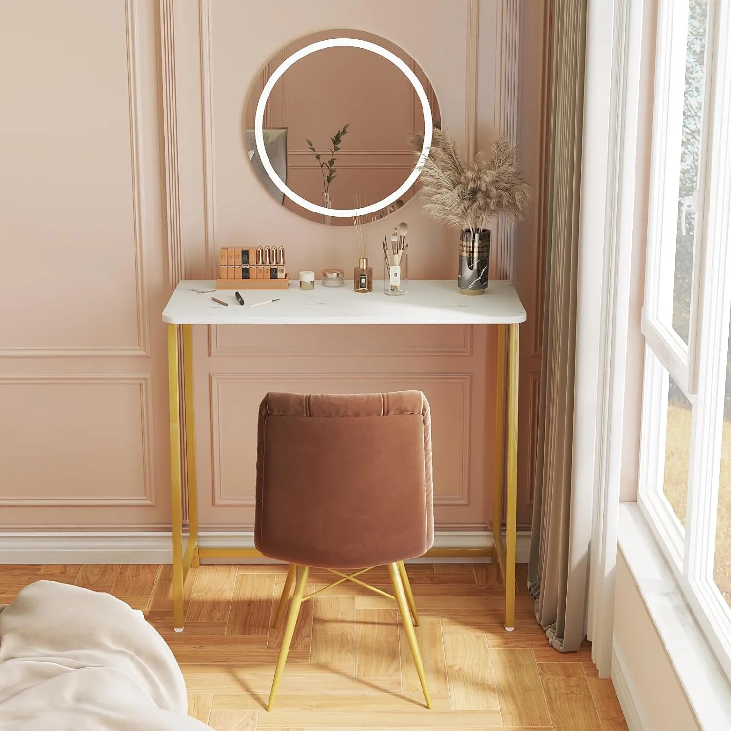WOHOMO White Faux Marble Folding Desk, 31.5" Small Desk for Small Spaces with Gold Legs, Easy Assemble Foldable Computer Desk, Mini Portable Working Table for Home Office, White and Gold