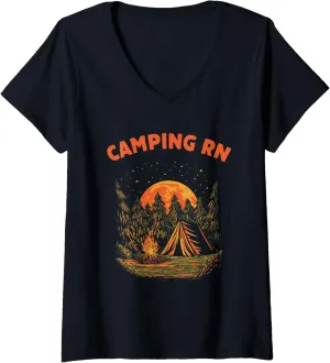 Womens Camping RN Camper Forest Camp Jungle Vacation Wildlife V-Neck T-Shirt