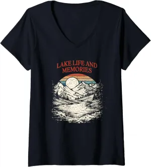 Womens Lake Life and Memories Traveler Lakes Exploration Lagoon V-Neck T-Shirt