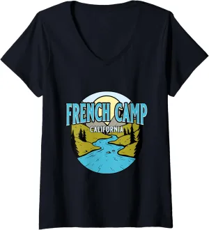 Womens Vintage French Camp, California River Valley Souvenir Print V-Neck T-Shirt