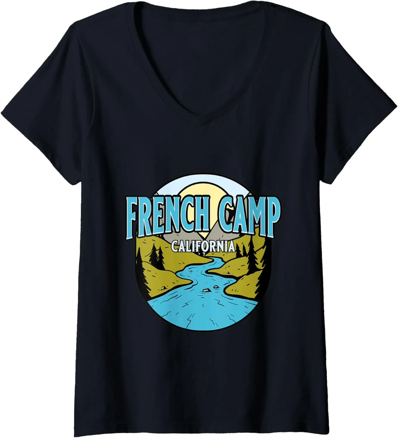 Womens Vintage French Camp, California River Valley Souvenir Print V-Neck T-Shirt