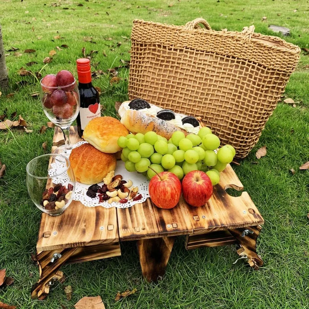 Wooden Outdoor Folding Picnic Basket Table, Folding Picnic Table with Wine Glass Holder, 2-in-1 Picnic Table Convertible Storage Wooden Basket, Natural Travel Camping Equipment