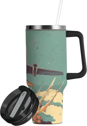 xigua 30 oz Airplane in The Sky Tumbler with Handle and Straw Lid, Stainless Steel Vacuum Insulated Sports Water Bottle, Keeps Cold or Hot Coffee Cup Travel Mug