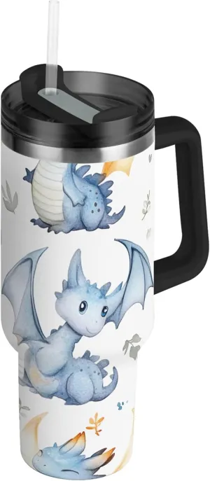 xigua 30 oz Baby Dragons Tumbler with Handle and Straw Lid, Stainless Steel Vacuum Insulated Sports Water Bottle, Keeps Cold or Hot Coffee Cup Travel Mug