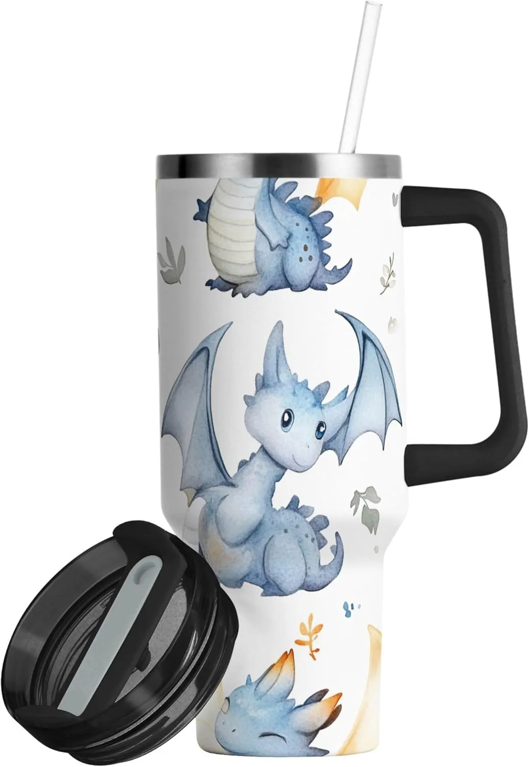 xigua 30 oz Baby Dragons Tumbler with Handle and Straw Lid, Stainless Steel Vacuum Insulated Sports Water Bottle, Keeps Cold or Hot Coffee Cup Travel Mug