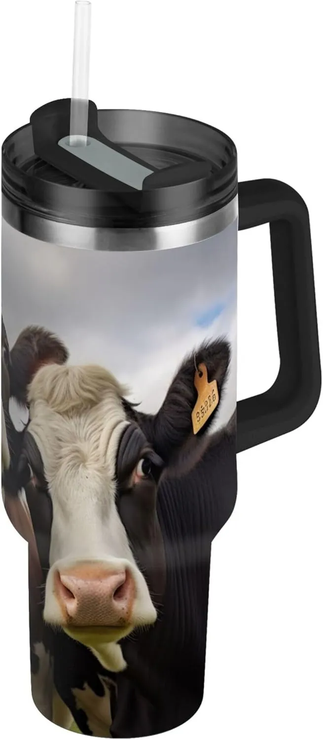 xigua 30 oz Cows Tumbler with Handle and Straw Lid, Stainless Steel Vacuum Insulated Sports Water Bottle, Keeps Cold or Hot Coffee Cup Travel Mug