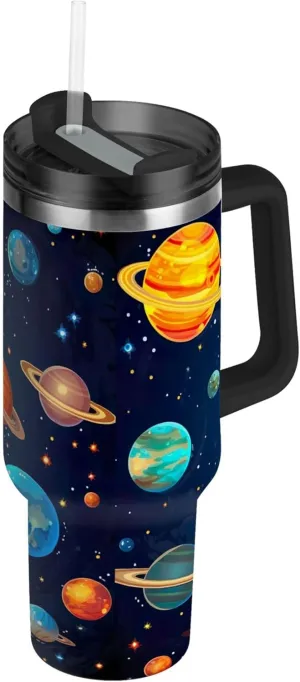 xigua 30 oz Galaxy Planets Tumbler with Handle and Straw Lid, Stainless Steel Vacuum Insulated Sports Water Bottle, Keeps Cold or Hot Coffee Cup Travel Mug