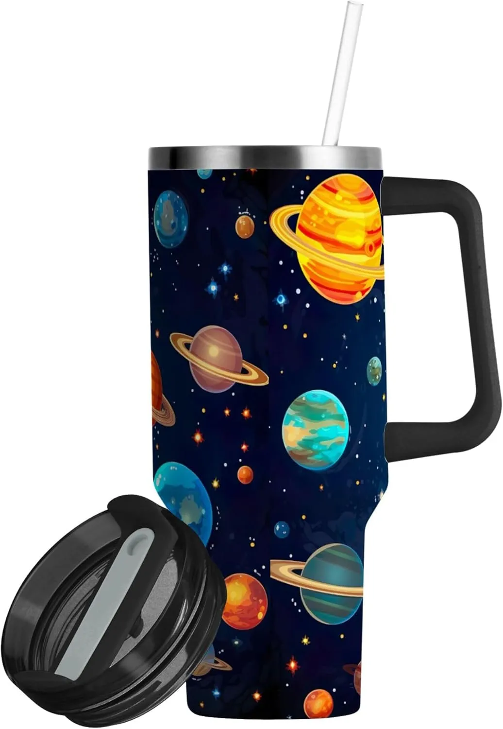 xigua 30 oz Galaxy Planets Tumbler with Handle and Straw Lid, Stainless Steel Vacuum Insulated Sports Water Bottle, Keeps Cold or Hot Coffee Cup Travel Mug