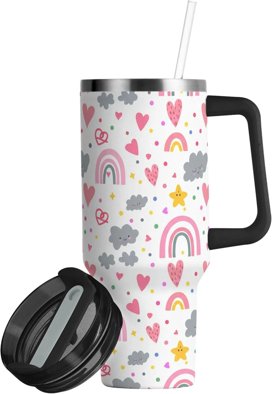 xigua 40 oz Colorful Rainbows Tumbler with Handle and Straw Lid, Stainless Steel Vacuum Insulated Sports Water Bottle, Keeps Cold or Hot Coffee Cup Travel Mug