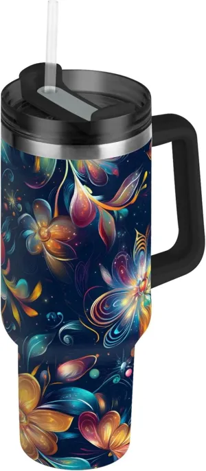 xigua 40 oz Fantasy Flowers Tumbler with Handle and Straw Lid, Stainless Steel Vacuum Insulated Sports Water Bottle, Keeps Cold or Hot Coffee Cup Travel Mug