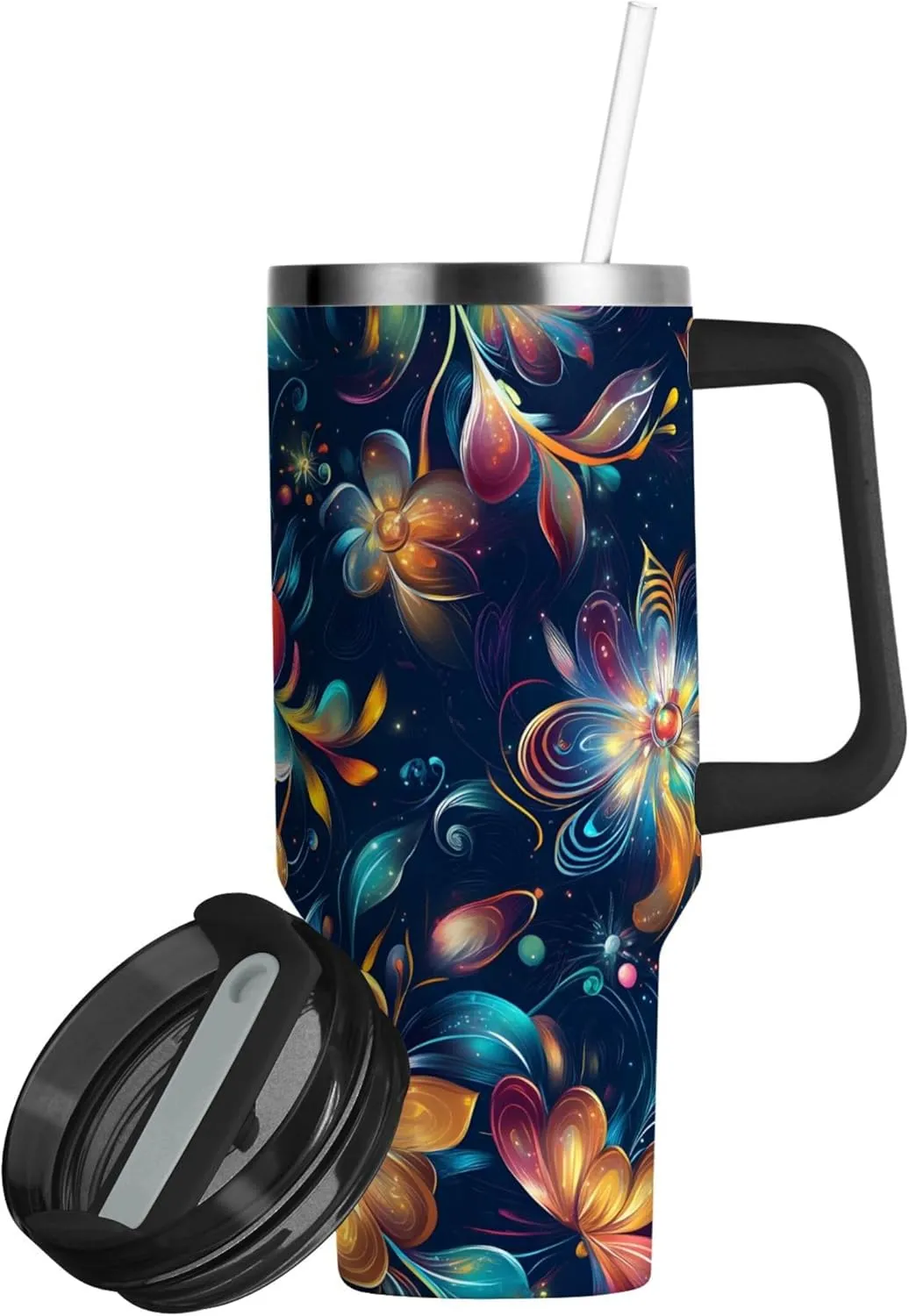 xigua 40 oz Fantasy Flowers Tumbler with Handle and Straw Lid, Stainless Steel Vacuum Insulated Sports Water Bottle, Keeps Cold or Hot Coffee Cup Travel Mug