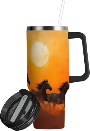 xigua 40 oz Wild Horses Running Tumbler with Handle and Straw Lid, Stainless Steel Vacuum Insulated Sports Water Bottle, Keeps Cold or Hot Coffee Cup Travel Mug