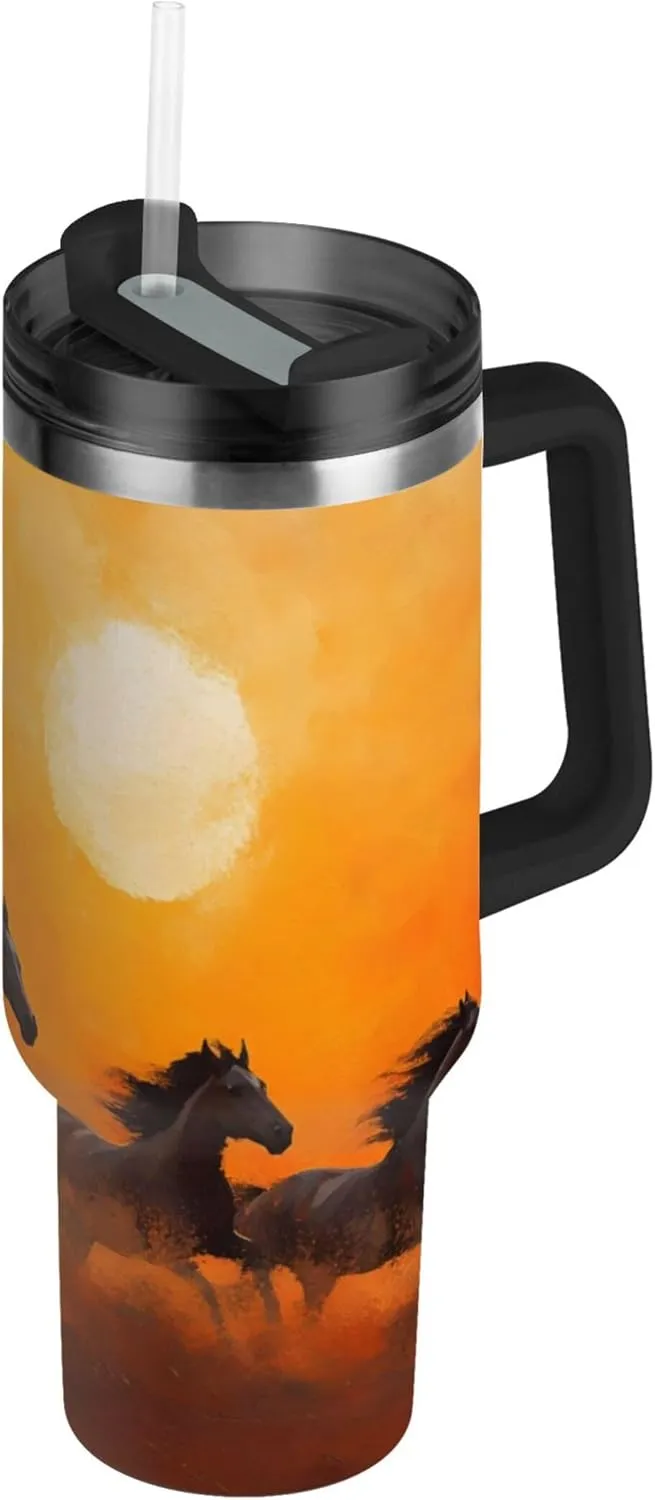 xigua 40 oz Wild Horses Running Tumbler with Handle and Straw Lid, Stainless Steel Vacuum Insulated Sports Water Bottle, Keeps Cold or Hot Coffee Cup Travel Mug