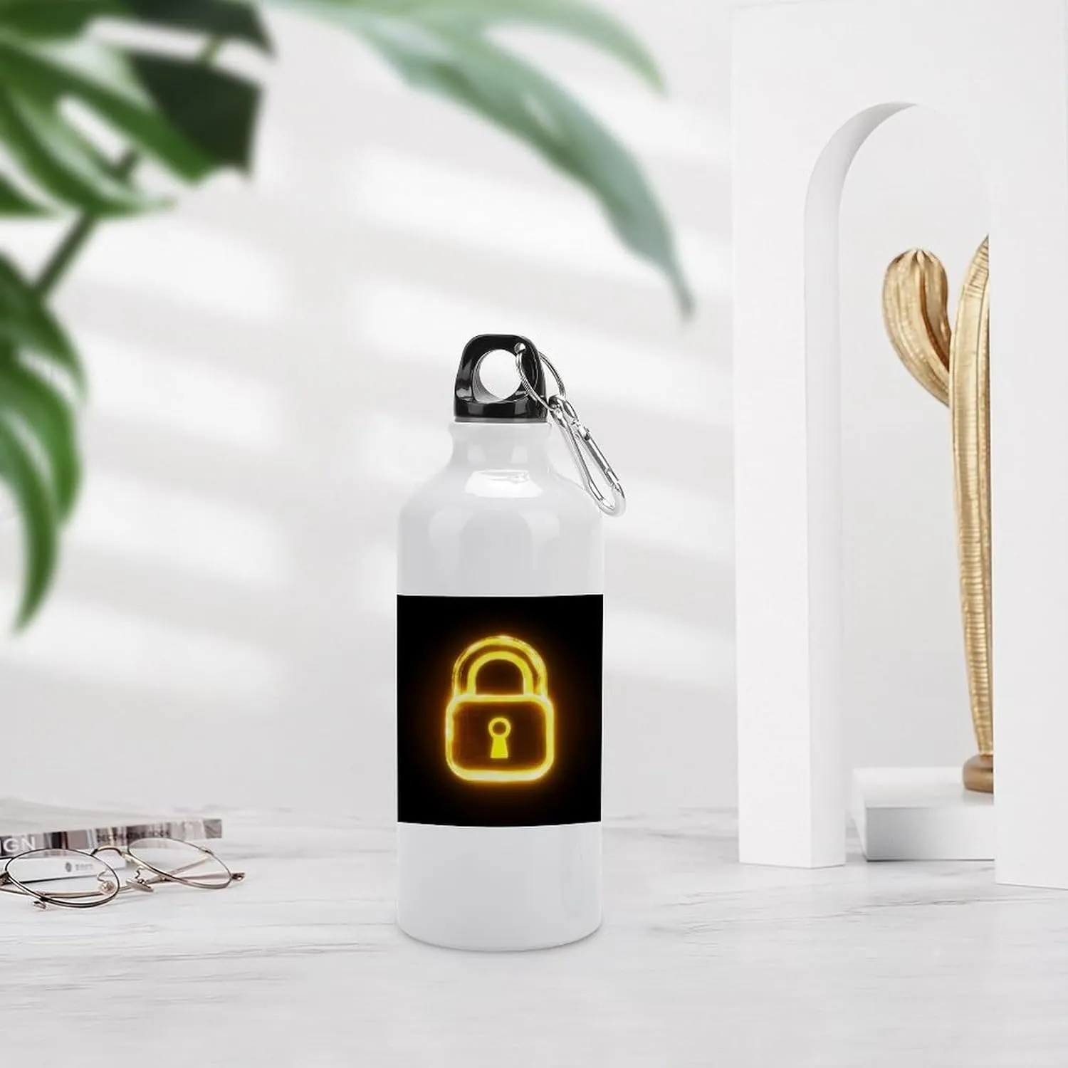 Yellow Glowing Lock Travel Aluminum Water Bottle,minimal Sport Bottle with Twist Cap Buckle for Men Women Camping Hiking 600ml