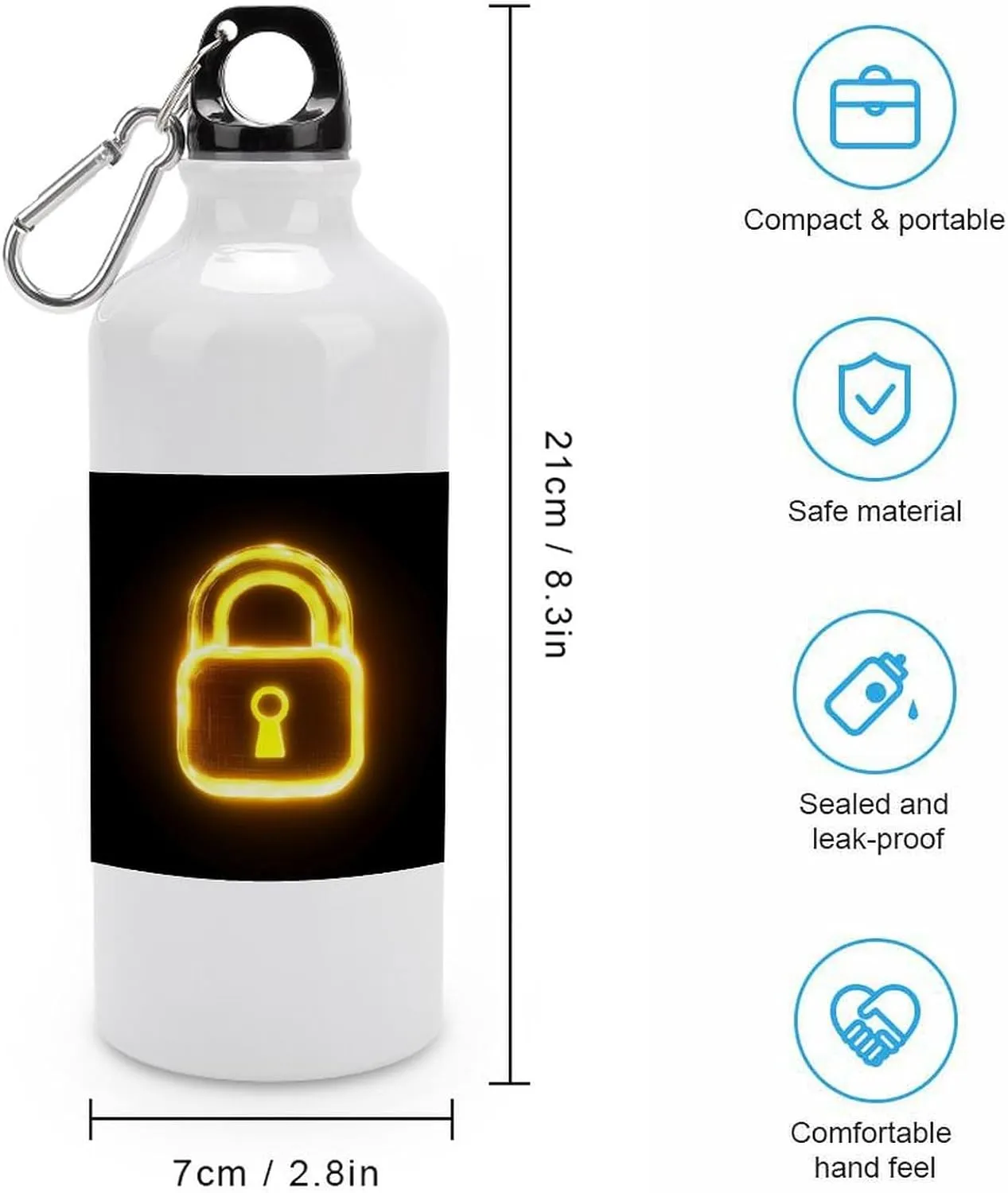 Yellow Glowing Lock Travel Aluminum Water Bottle,minimal Sport Bottle with Twist Cap Buckle for Men Women Camping Hiking 600ml
