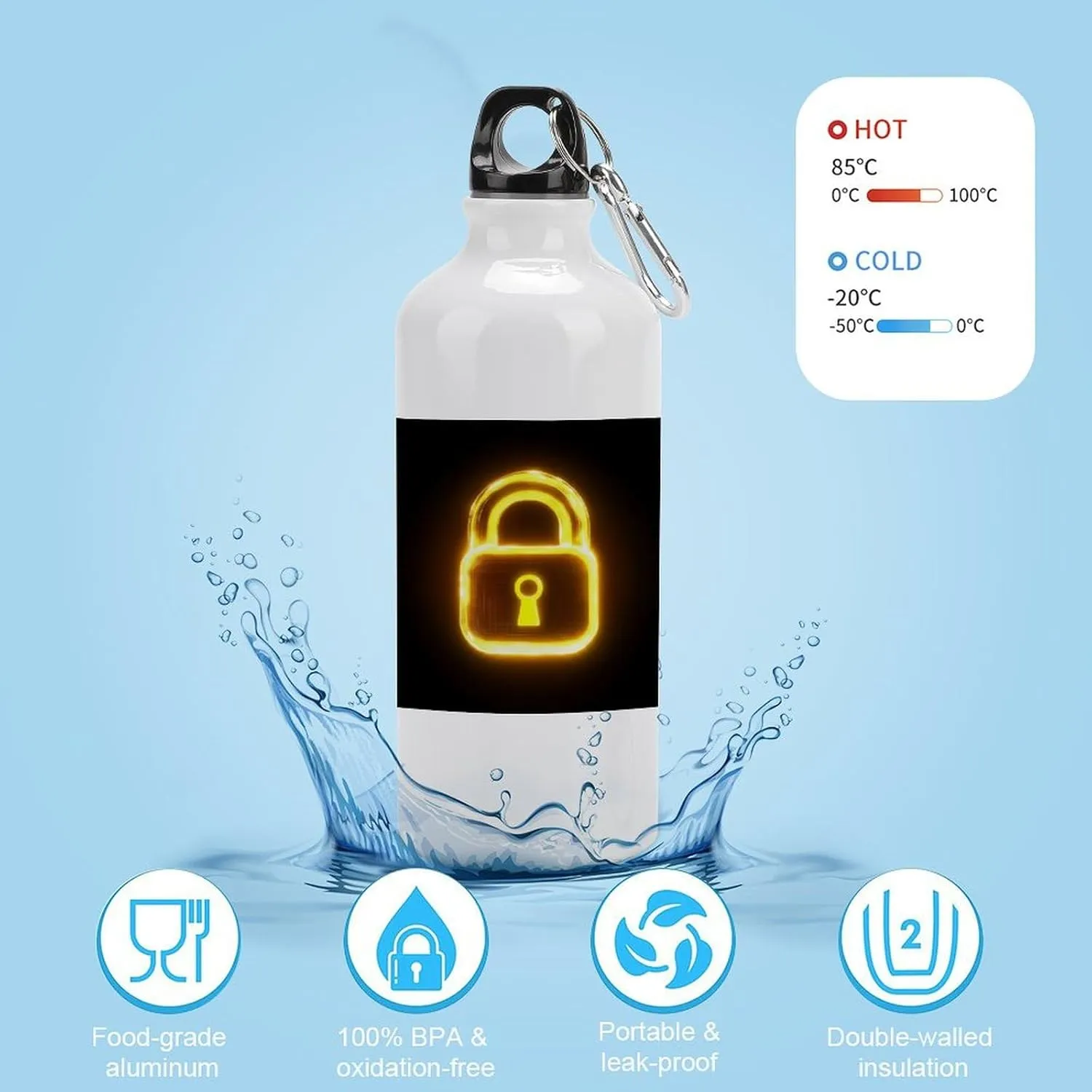 Yellow Glowing Lock Travel Aluminum Water Bottle,minimal Sport Bottle with Twist Cap Buckle for Men Women Camping Hiking 600ml