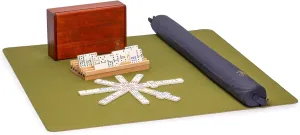 Yellow Mountain Imports Domino Bundle - 91 Tiles Double 12 Dominoes (Pips/Dots) Game Set with Wooden Case, 4 Racks and Green Table Cover/Mat