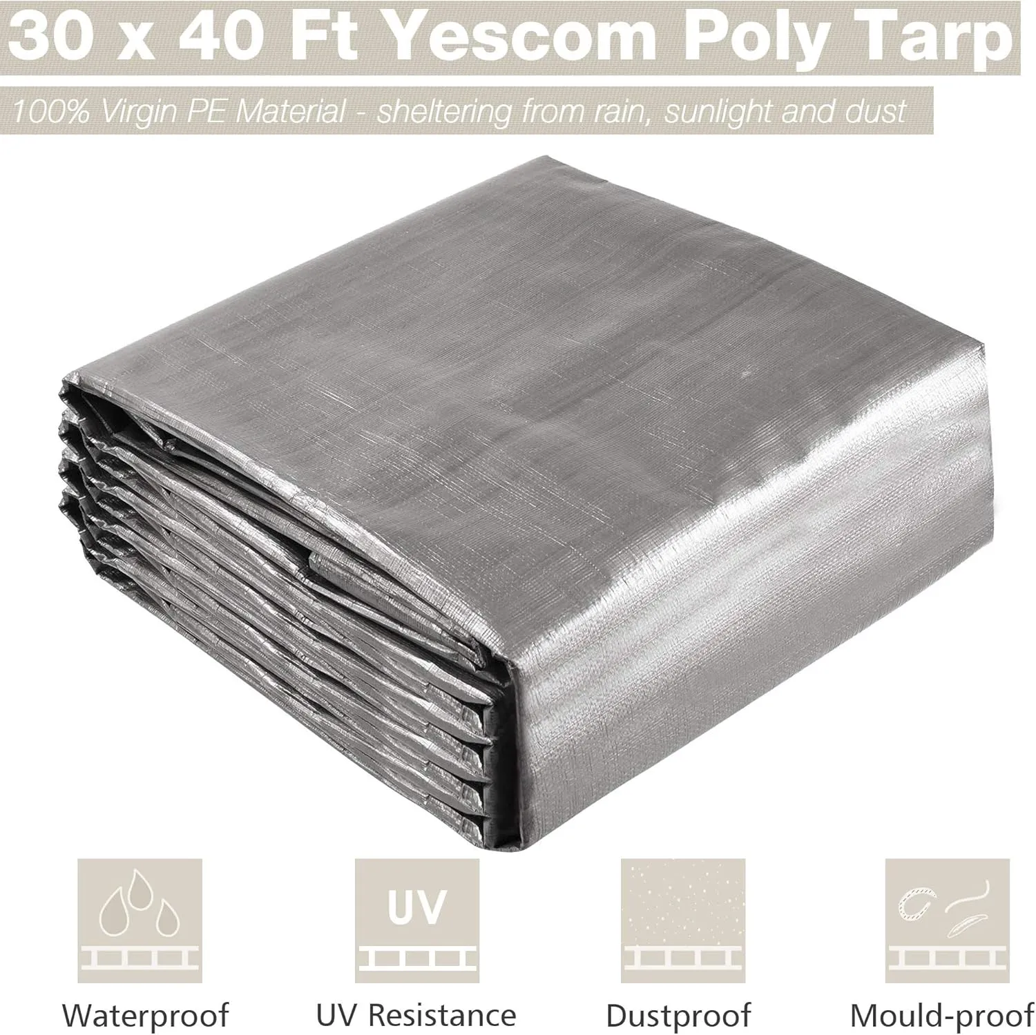 Yescom 30x40FT 14 Mil Heavy Duty Reinforced Poly Tarp Reversible Waterproof Tarpaulin Ground Sheet Cover Reversible Silver Black Tarps
