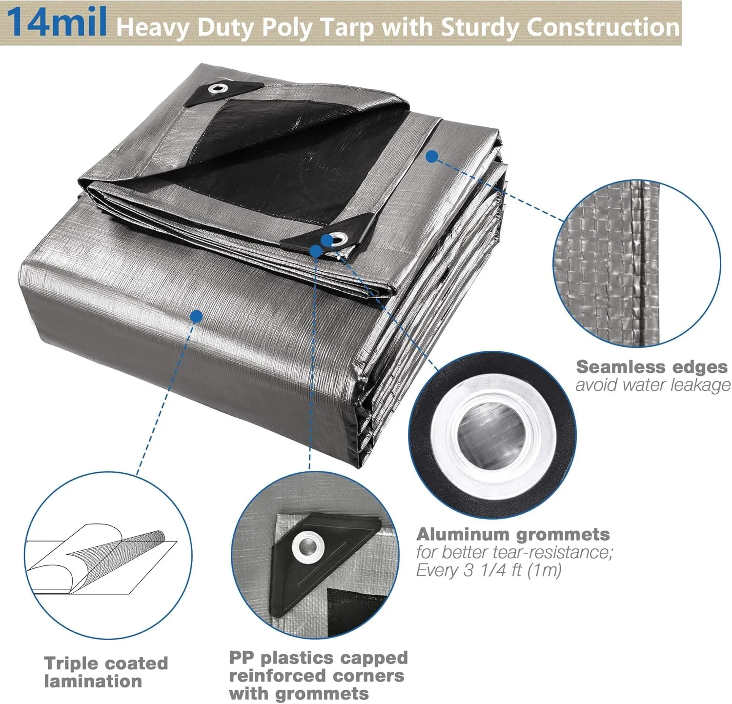 Yescom 30x40FT 14 Mil Heavy Duty Reinforced Poly Tarp Reversible Waterproof Tarpaulin Ground Sheet Cover Reversible Silver Black Tarps