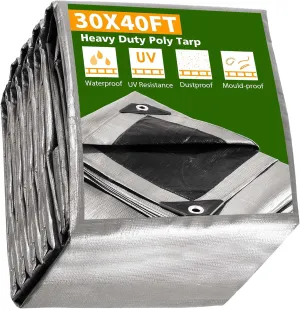Yescom 30x40FT 14 Mil Heavy Duty Reinforced Poly Tarp Reversible Waterproof Tarpaulin Ground Sheet Cover Reversible Silver Black Tarps
