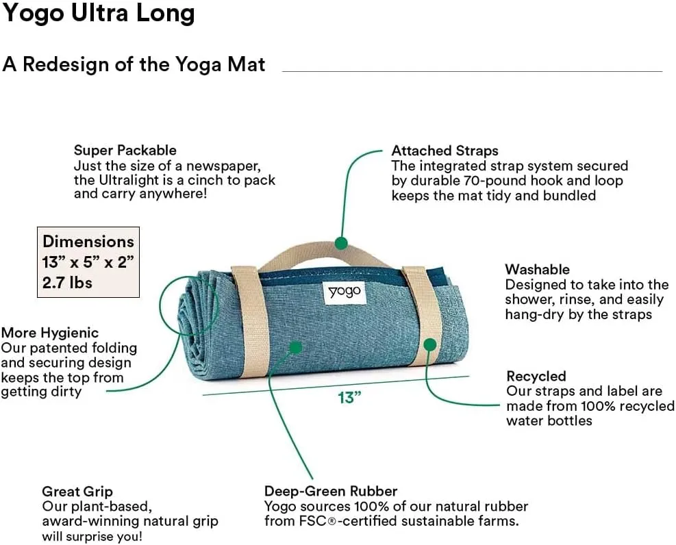 Yogo Ultralight Folding Travel Yoga Mat with Attached Straps, FSC®-Certified Plant Rubber, Sticky Grip, Non-Slip, Best Travel Yoga Mat®