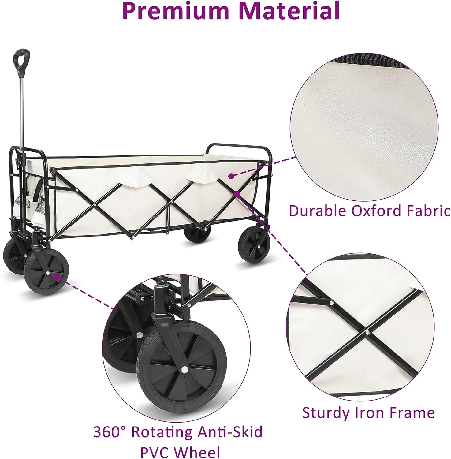 YSSOA Extended Folding Utility Wagon, 330LBS Heavy Loaded Collapsible Garden Cart with Anti-Slip Wheels, Adjustable Handle and Side Pockets, Large, White, X-Large