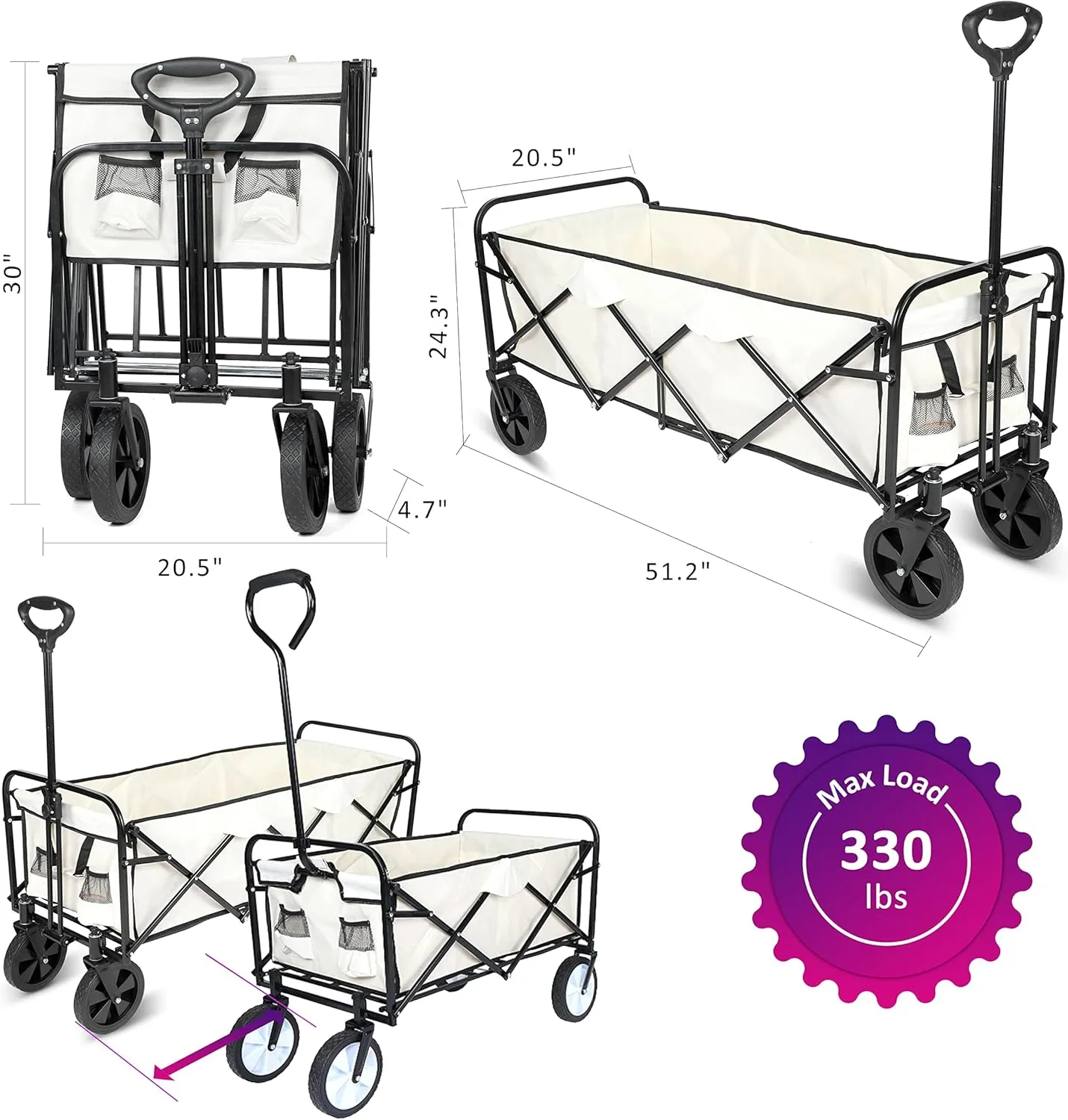 YSSOA Extended Folding Utility Wagon, 330LBS Heavy Loaded Collapsible Garden Cart with Anti-Slip Wheels, Adjustable Handle and Side Pockets, Large, White, X-Large