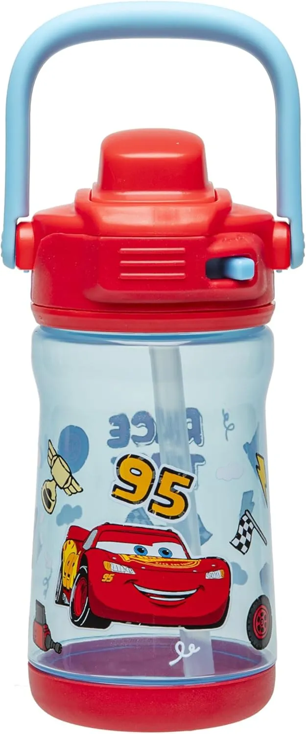 Zak Designs Disney Pixar Cars Beacon Kid Water Bottle for Travel or At Home, 12oz Plastic is Durable and Leak-Proof with Liquid Lock Spout, Cover, Carry Handle, Protective Base (Lightning McQueen)