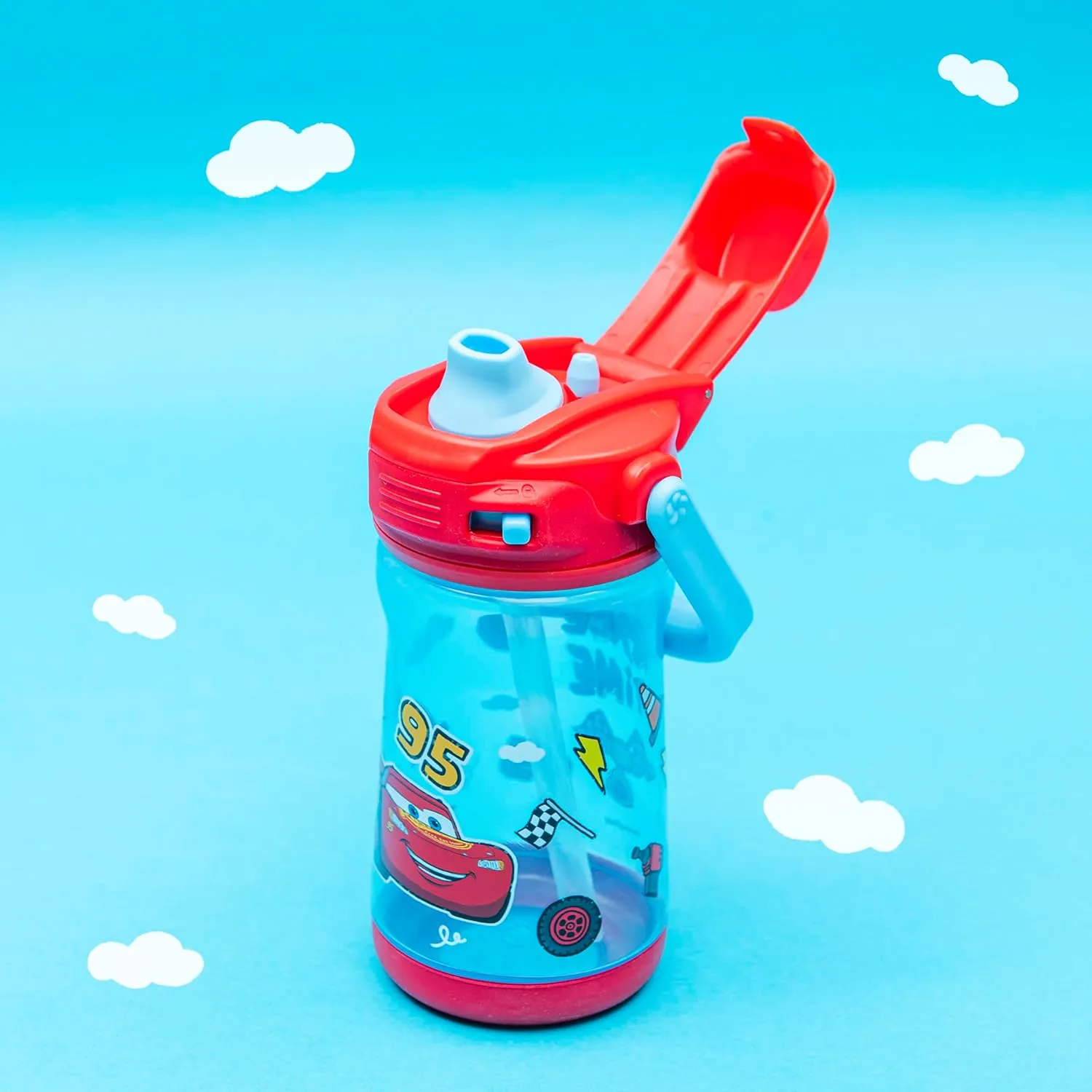 Zak Designs Disney Pixar Cars Beacon Kid Water Bottle for Travel or At Home, 12oz Plastic is Durable and Leak-Proof with Liquid Lock Spout, Cover, Carry Handle, Protective Base (Lightning McQueen)