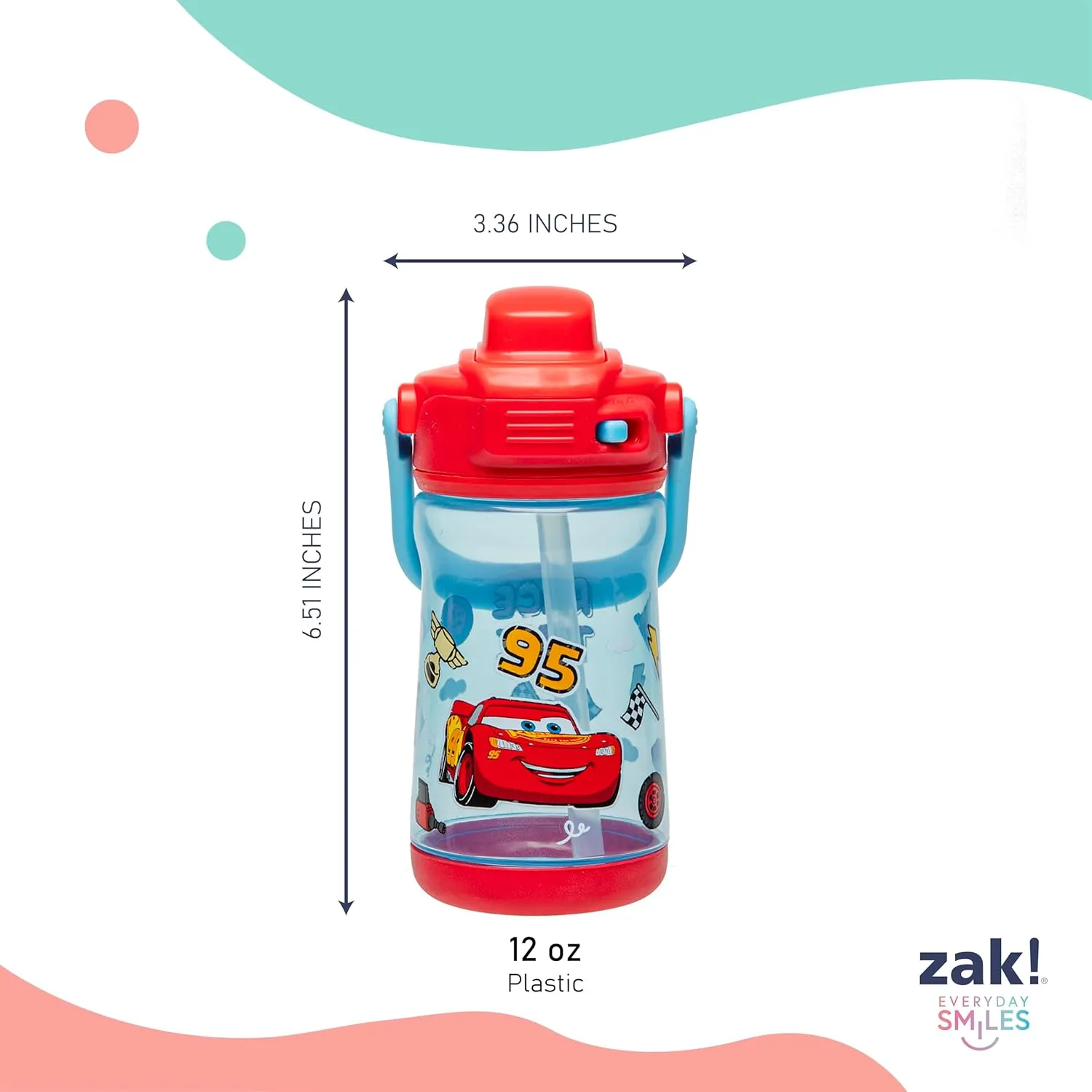 Zak Designs Disney Pixar Cars Beacon Kid Water Bottle for Travel or At Home, 12oz Plastic is Durable and Leak-Proof with Liquid Lock Spout, Cover, Carry Handle, Protective Base (Lightning McQueen)