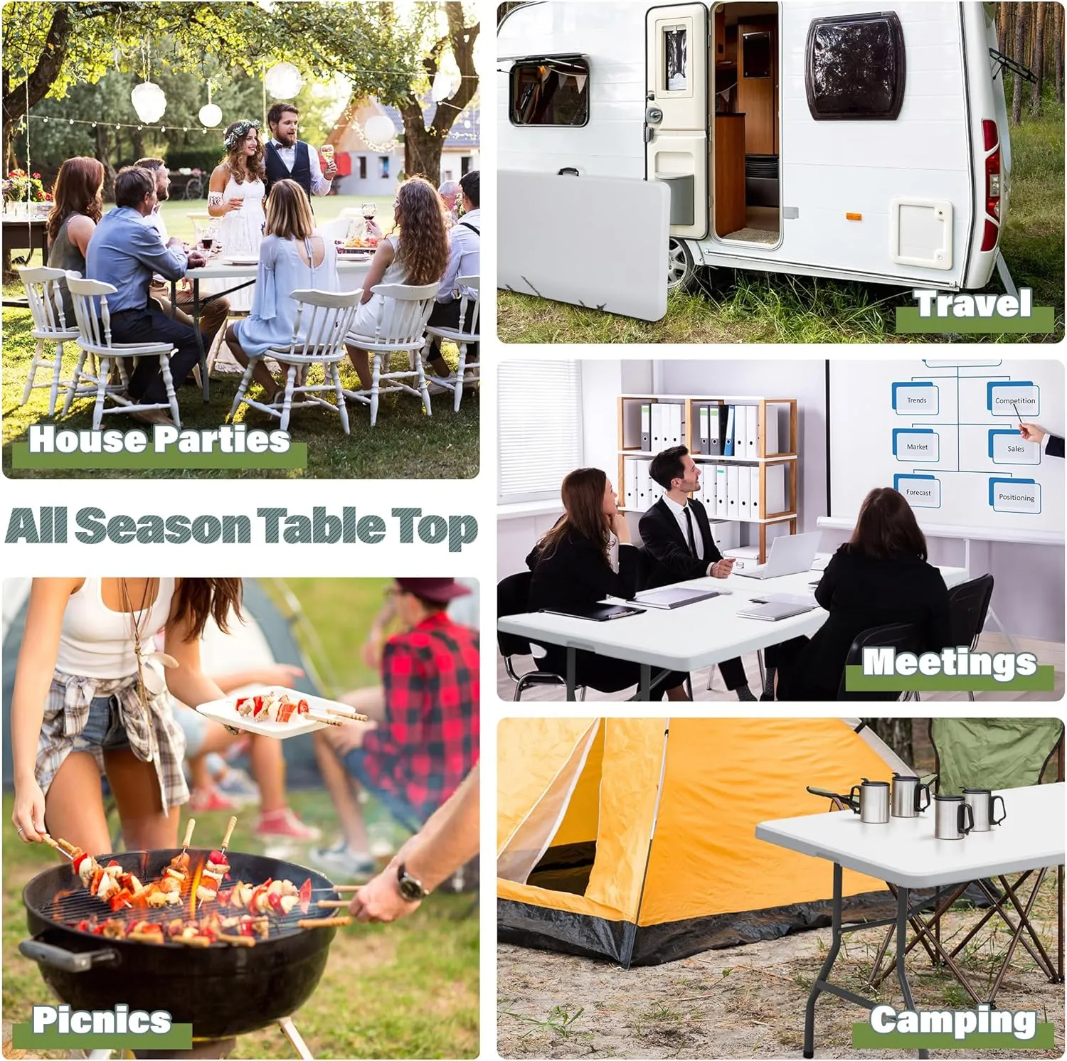 ZENY 8ft Portable Folding Table Plastic Indoor Outdoor Picnic Party Camp Dining Table with Handle, White
