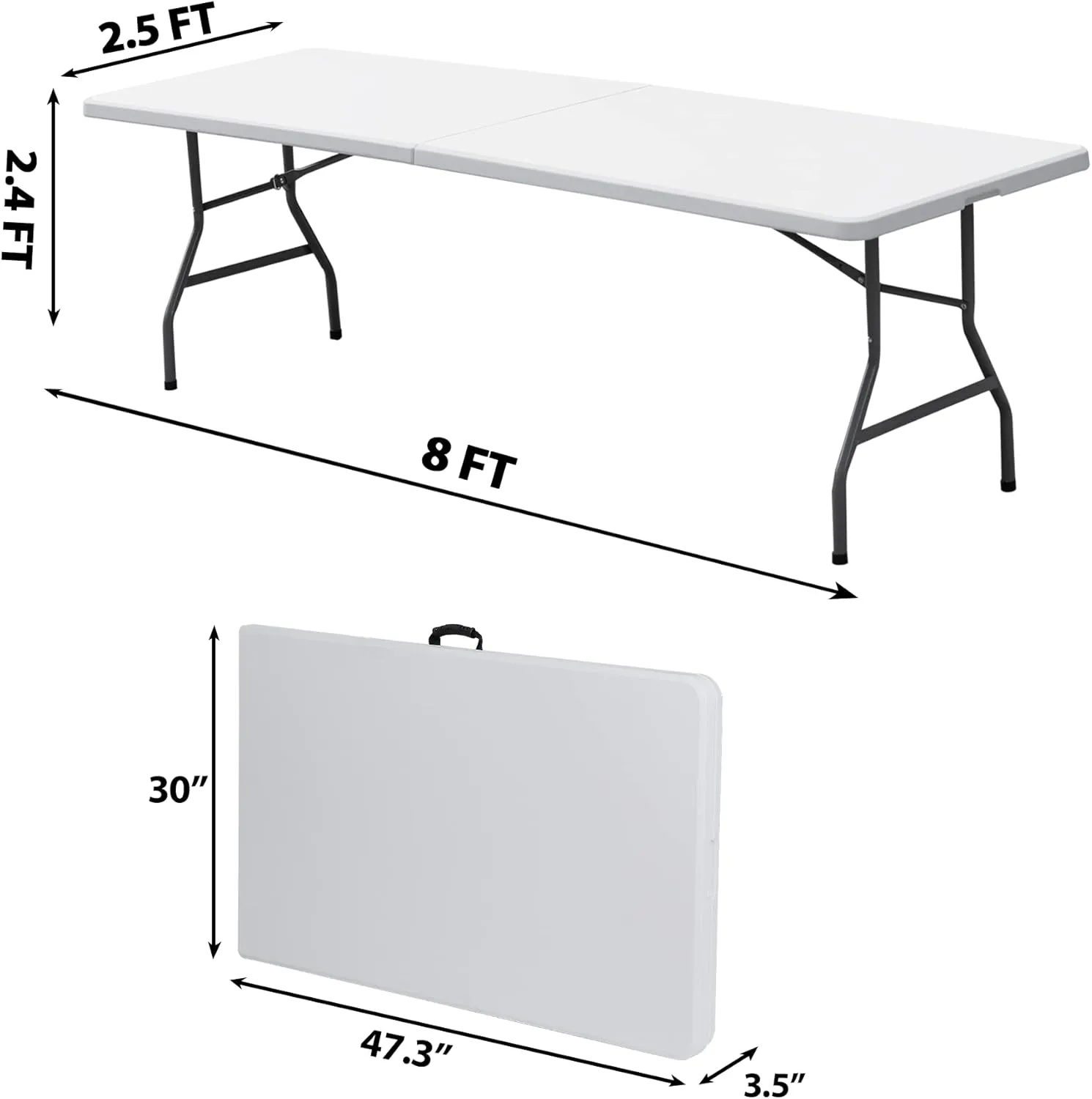 ZENY 8ft Portable Folding Table Plastic Indoor Outdoor Picnic Party Camp Dining Table with Handle, White