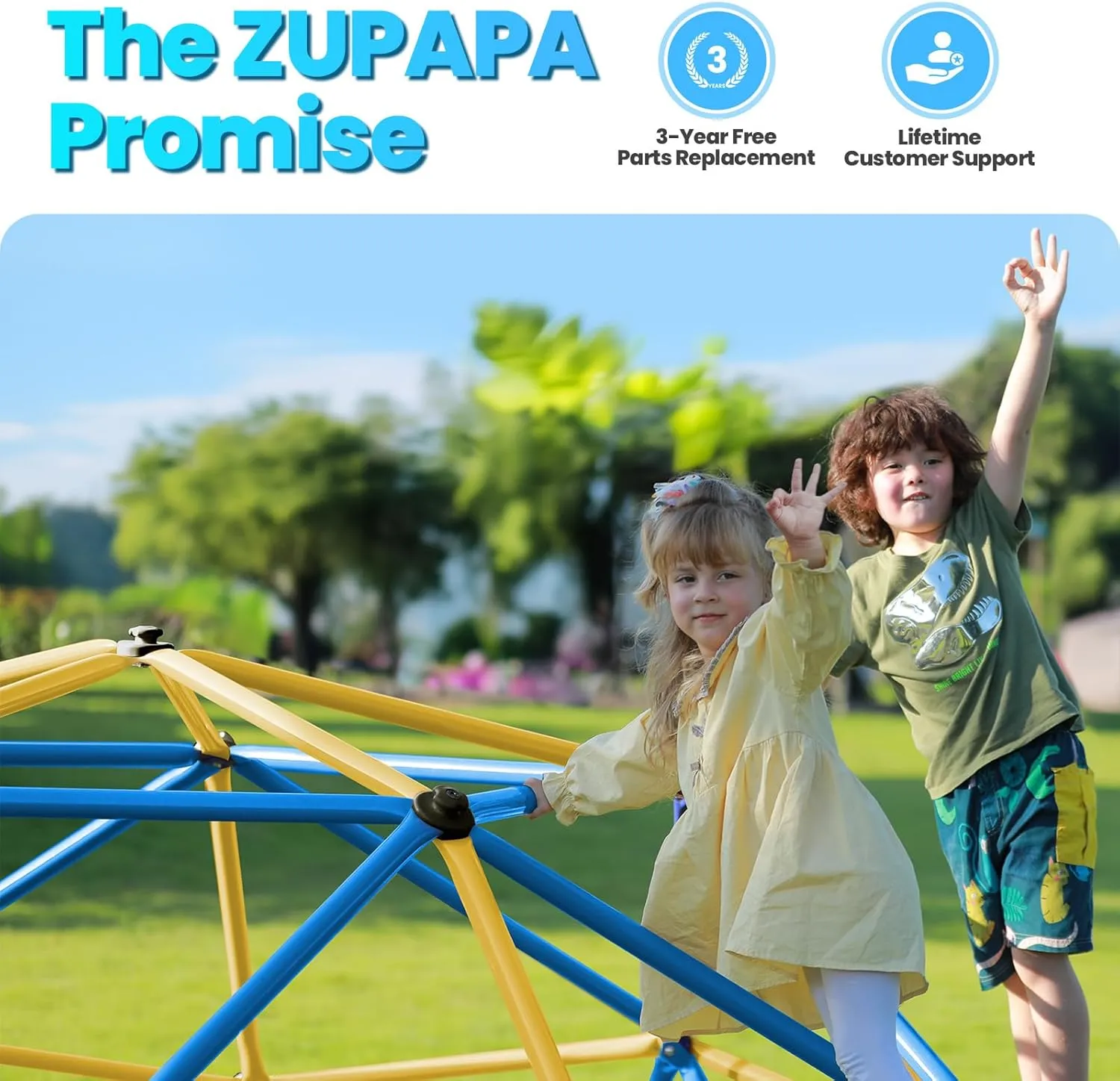 Zupapa New Upgraded Outdoor Geometric Dome Climber with Tent, 1000LBS Weight Capability, 3D Assembly Video, Suitable for 1-6 Kids Climbing Frame (Blue Yellow, 10FT)