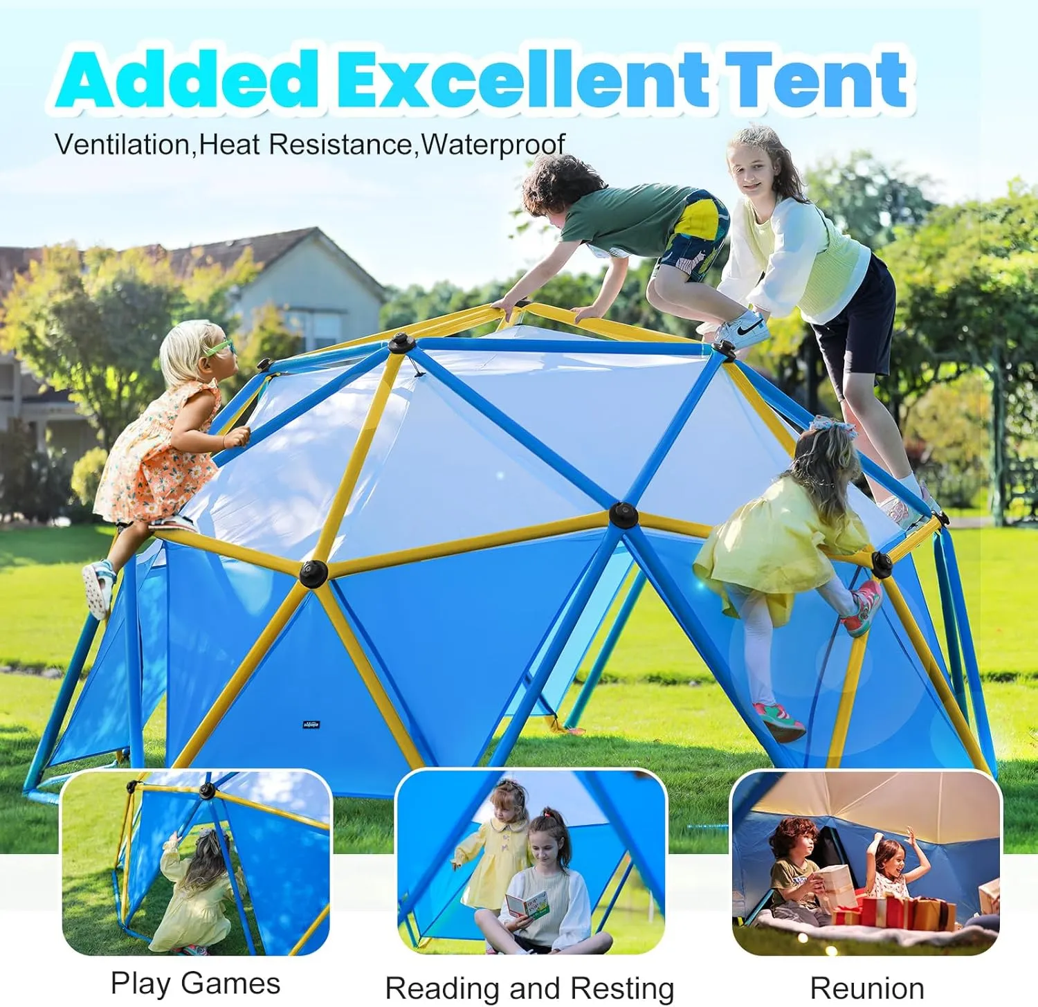 Zupapa New Upgraded Outdoor Geometric Dome Climber with Tent, 1000LBS Weight Capability, 3D Assembly Video, Suitable for 1-6 Kids Climbing Frame (Blue Yellow, 10FT)