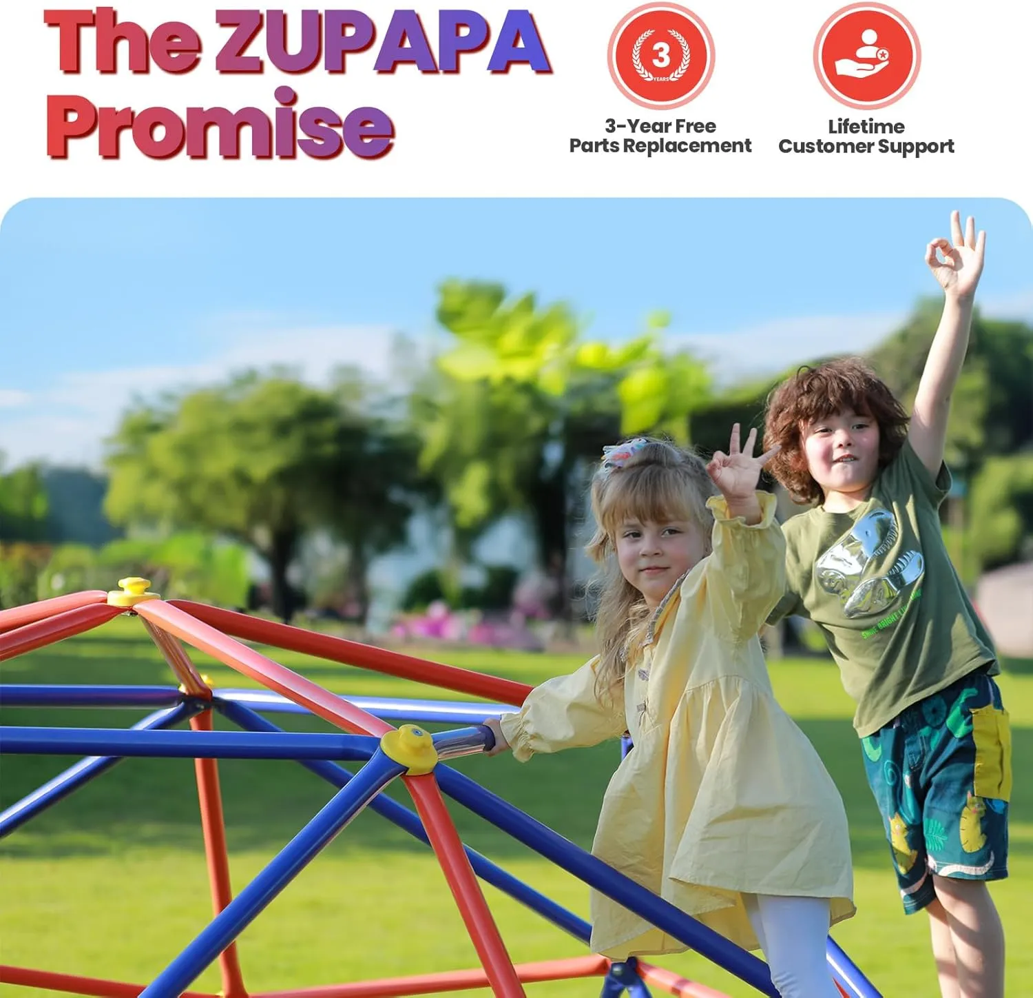 Zupapa New Upgraded Outdoor Geometric Dome Climber with Tent, 1000LBS Weight Capability, 3D Assembly Video, Suitable for 1-6 Kids Climbing Frame (Purple Orange, 10FT)